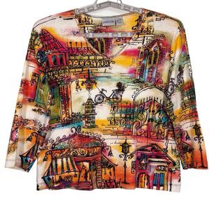Chicos 2 City Scape Top Colorful Womens Large Artsy Graphic Parisian Vintage
